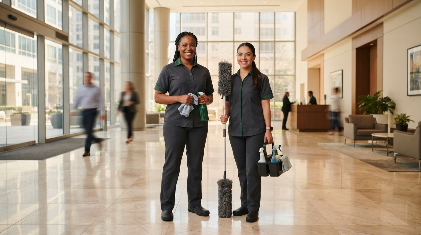 Pristine Elite Cleaning professional team in an upscale office lobby