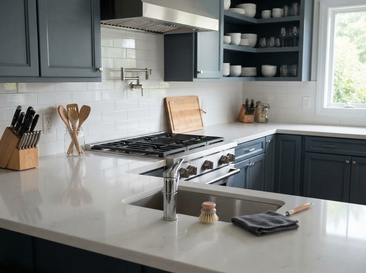 Spotless kitchen countertop after professional cleaning