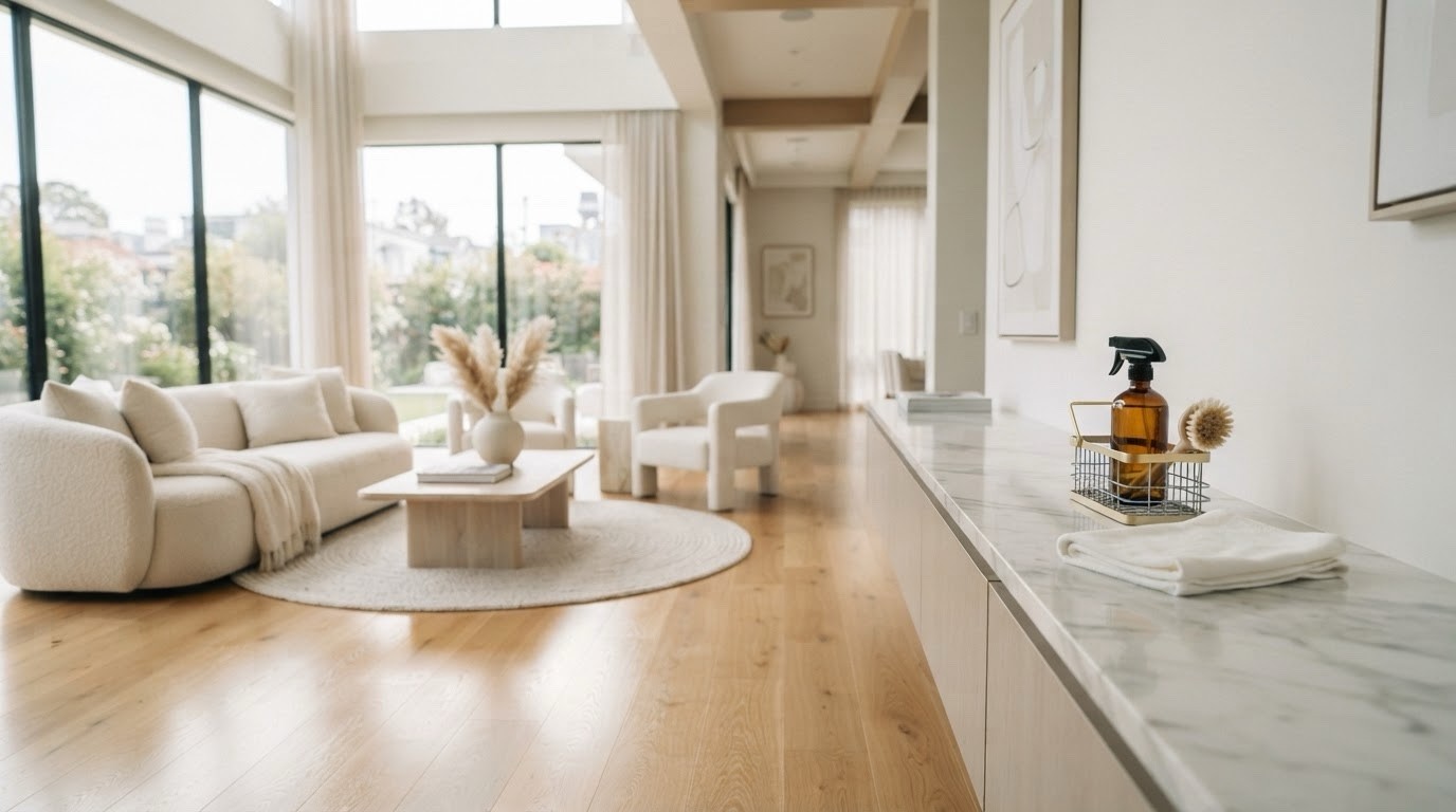Upscale, professionally cleaned living room with polished hardwood floors and natural light
