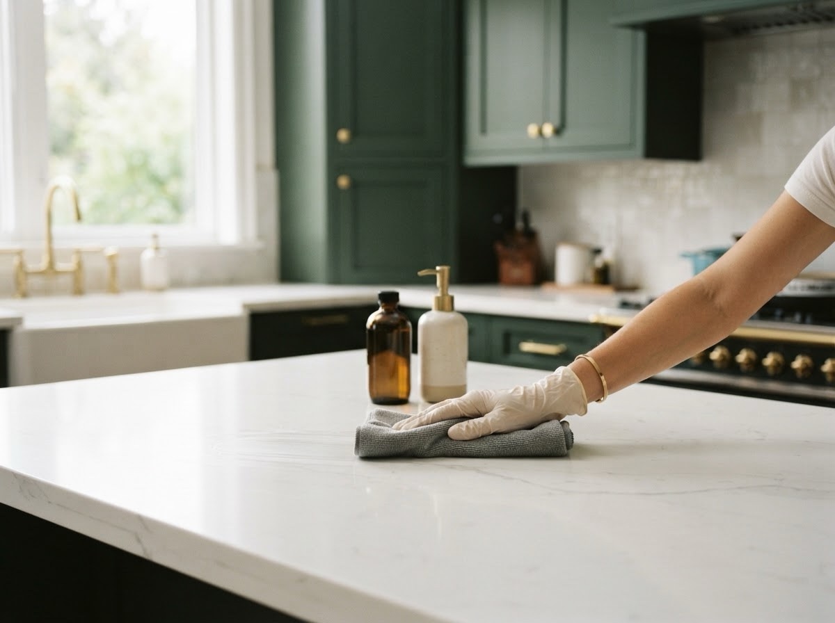Detail cleaning of a luxury kitchen countertop
