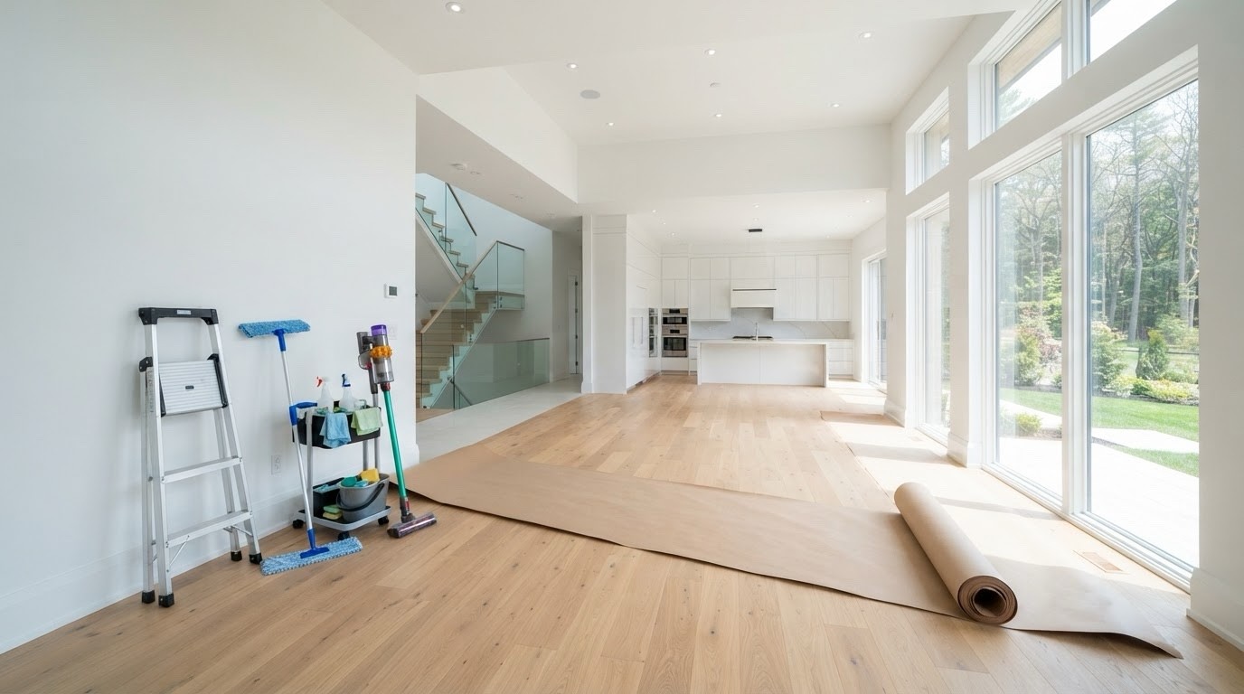 Post-construction cleaning of a newly built interior